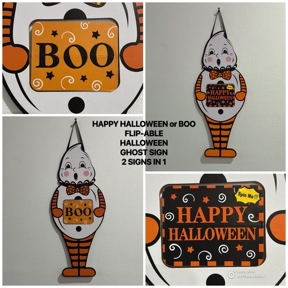 NWT- HAPPY HALLOWEEN or BOO- FLIPPABLE- Ghost Halloween Wall Decor Sign